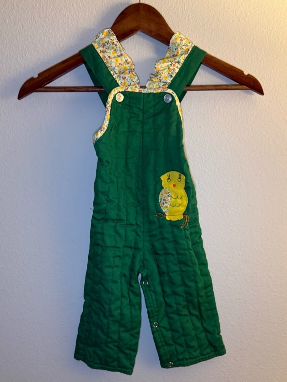Sears Green Quilted Kids Overalls with Yellow Chick Applique